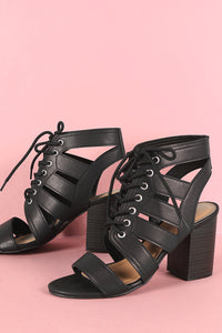 Bamboo Strappy Open Toe Lace-Up Chunky Heel