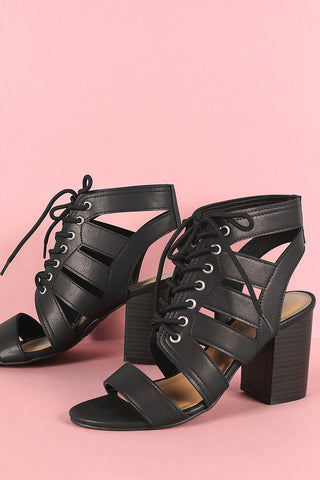 Bamboo Strappy Open Toe Lace-Up Chunky Heel