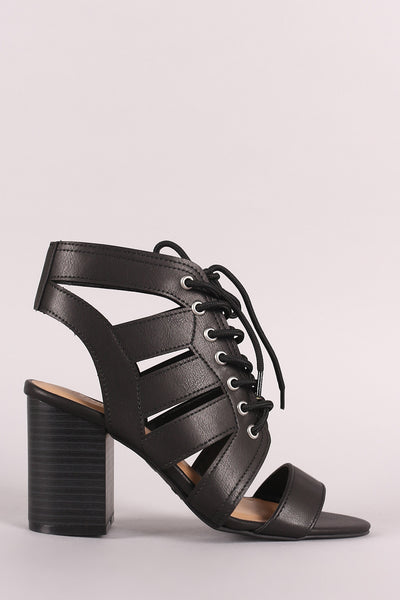 Bamboo Strappy Open Toe Lace-Up Chunky Heel