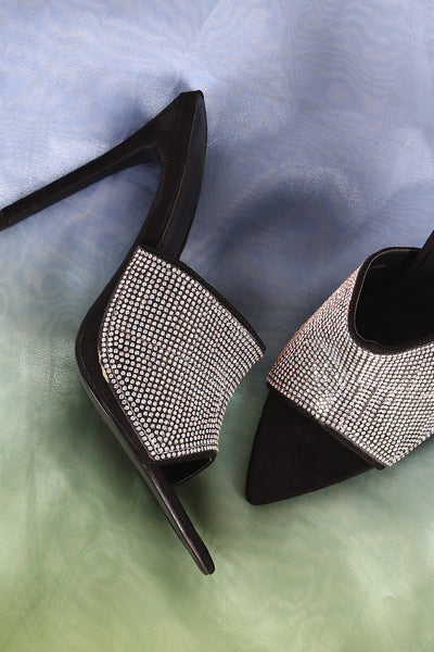 Rhinestone Embellished Pointed Open Toe Mule Heel