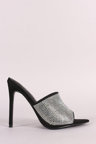 Rhinestone Embellished Pointed Open Toe Mule Heel