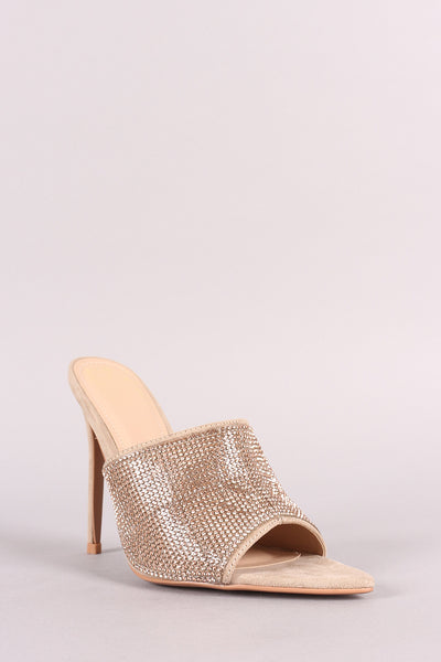 Rhinestone Embellished Pointed Open Toe Mule Heel