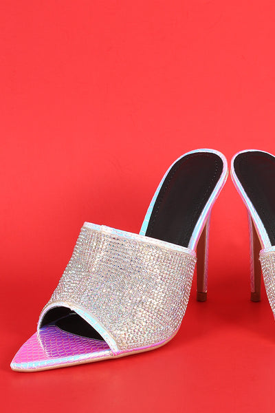 Rhinestone Embellished Pointed Open Toe Mule Heel