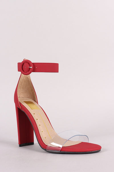 Nubuck Open Toe Clear Band Ankle Strap Rectangle Heel