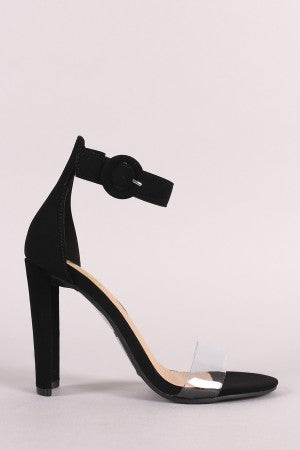 Nubuck Open Toe Clear Band Ankle Strap Rectangle Heel