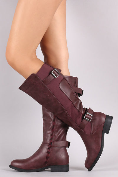 Dual Buckled Strap Elastic Gore Inset Riding Knee High Boots