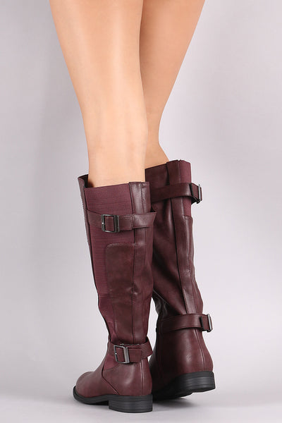 Dual Buckled Strap Elastic Gore Inset Riding Knee High Boots